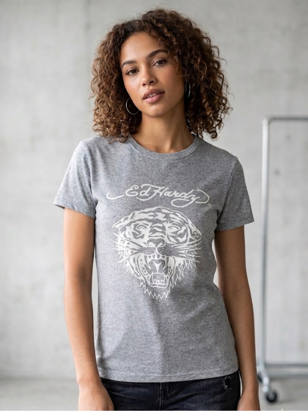 Ed Hardy Gray Tee with Tiger Graphic
